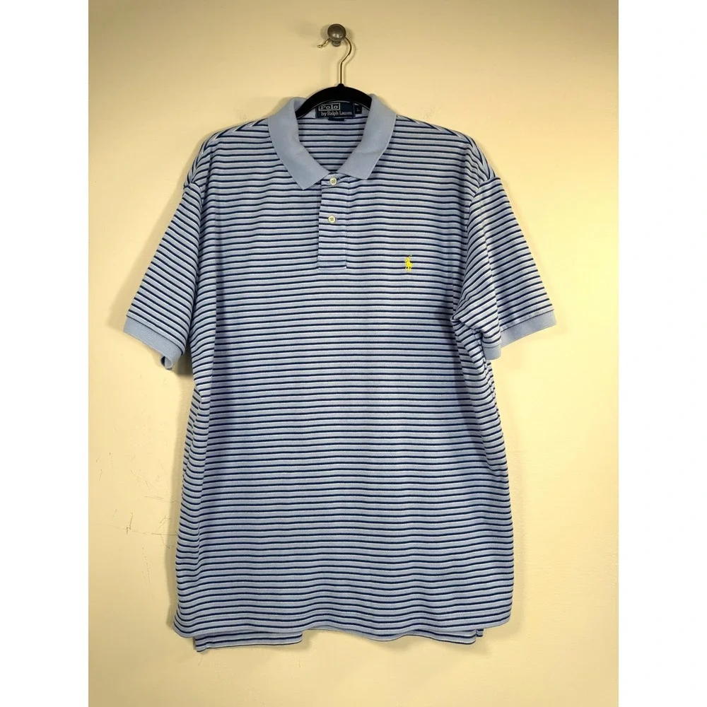 Polo Ralph Lauren Mens L Classic Blue Striped Short Sleeve Cotton Polo Shirt